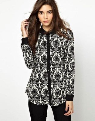 2014夏季歐美款經典黑白復古印花長袖拼接襯衫 一款歷久彌新的女裝批發焦點